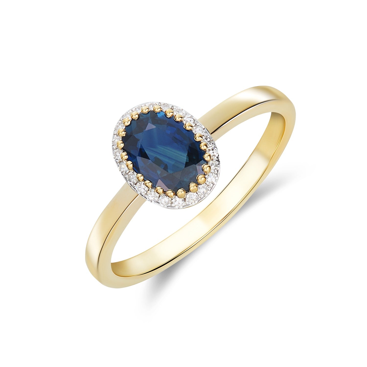 9CT YELLOW GOLD OVAL SAPPHIRE AND ROUND DIAMOND CLAW SET CLUSTER RING. RHODIUM TO DIAMONDS 1