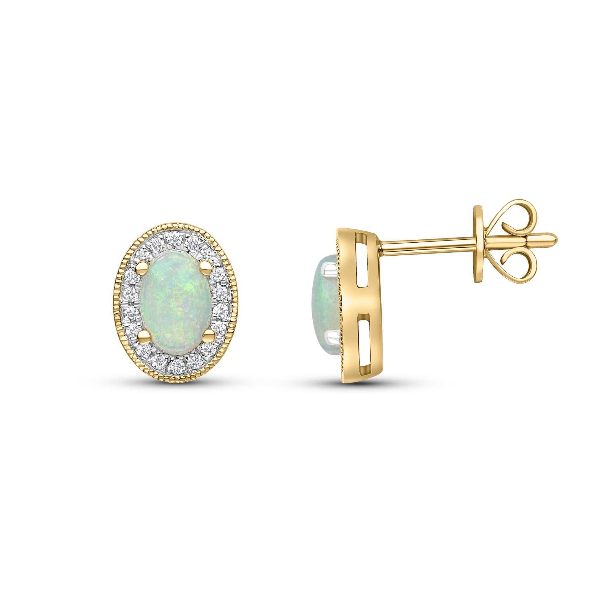 18ct Yellow Gold Claw Set 6x4 Oval Opal and Round Diamond Cluster Earrings Milgrain Edge