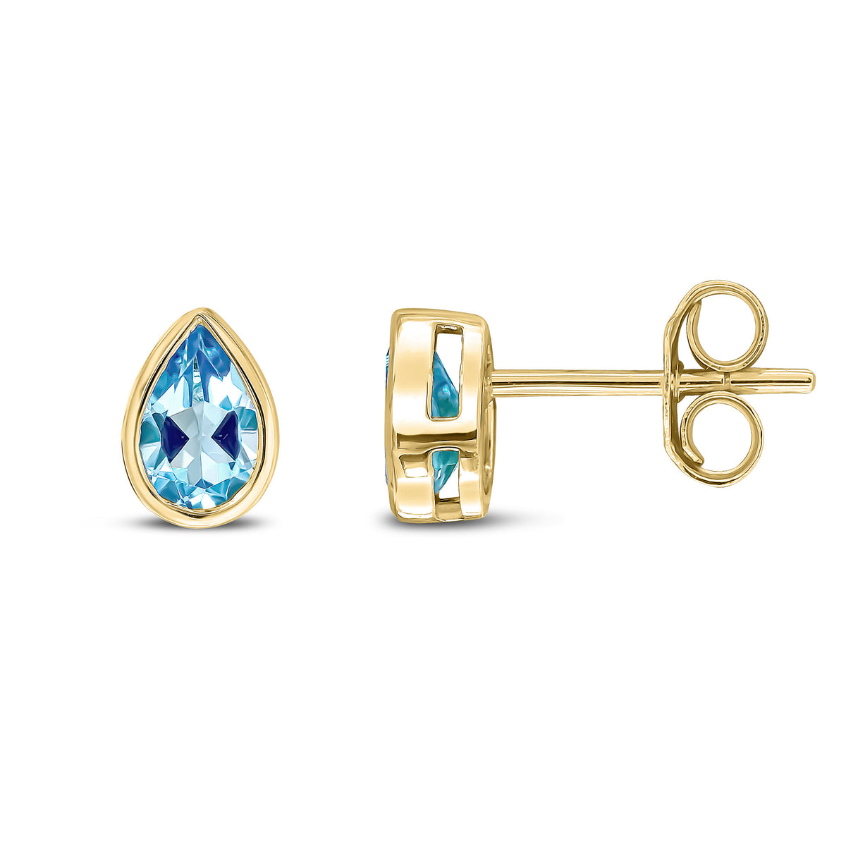 9ct Yellow Gold Pear Shaped Swiss Blue Topaz Rubover Stud Earrings