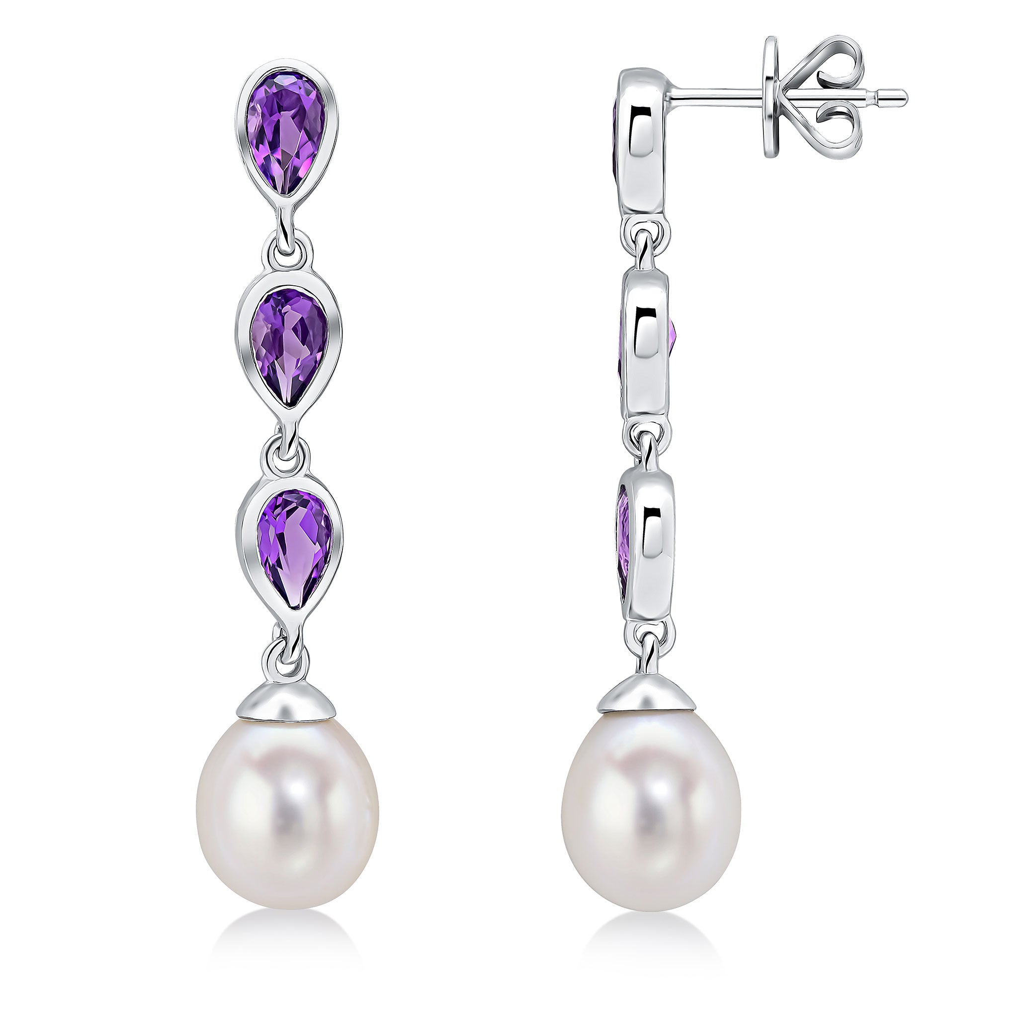 9ct White Gold Pearl & Triple Pear Shape Amethyst Drop Earrings