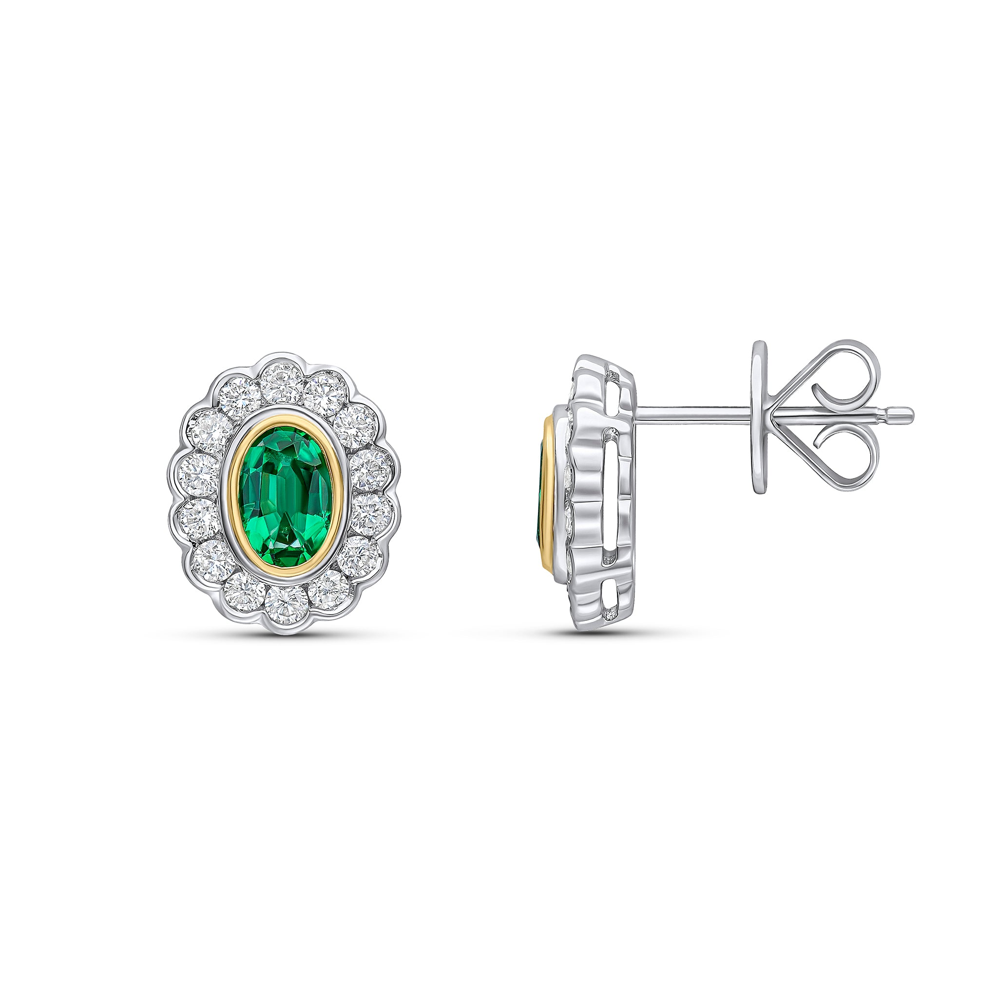 18ct Ywg Oval Emerald and Round Diamond Rubover Cluster Earrings