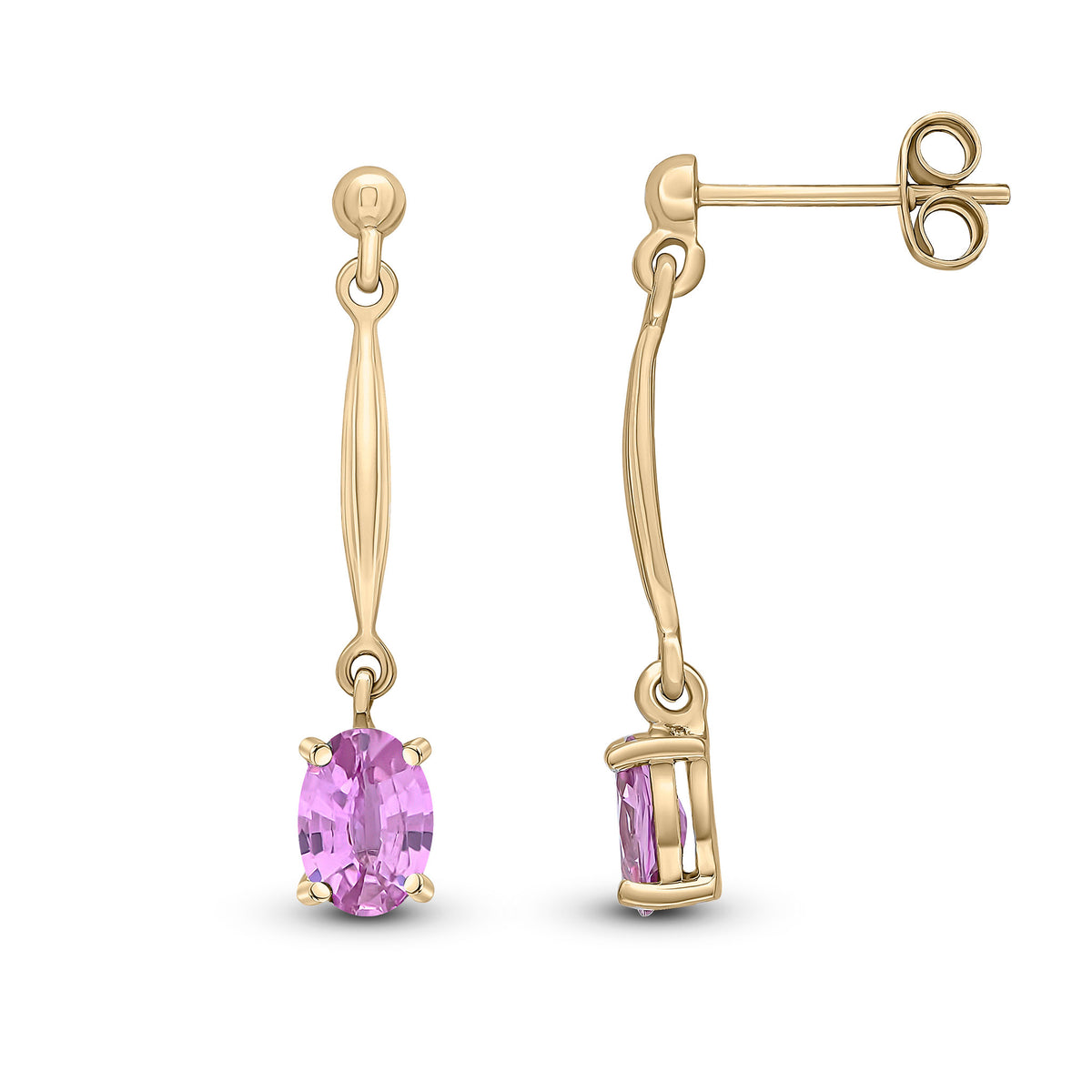 9ct Yellow Gold Claw Set 6x4mm Oval Pink Sapphire and Bar Drop Earrings