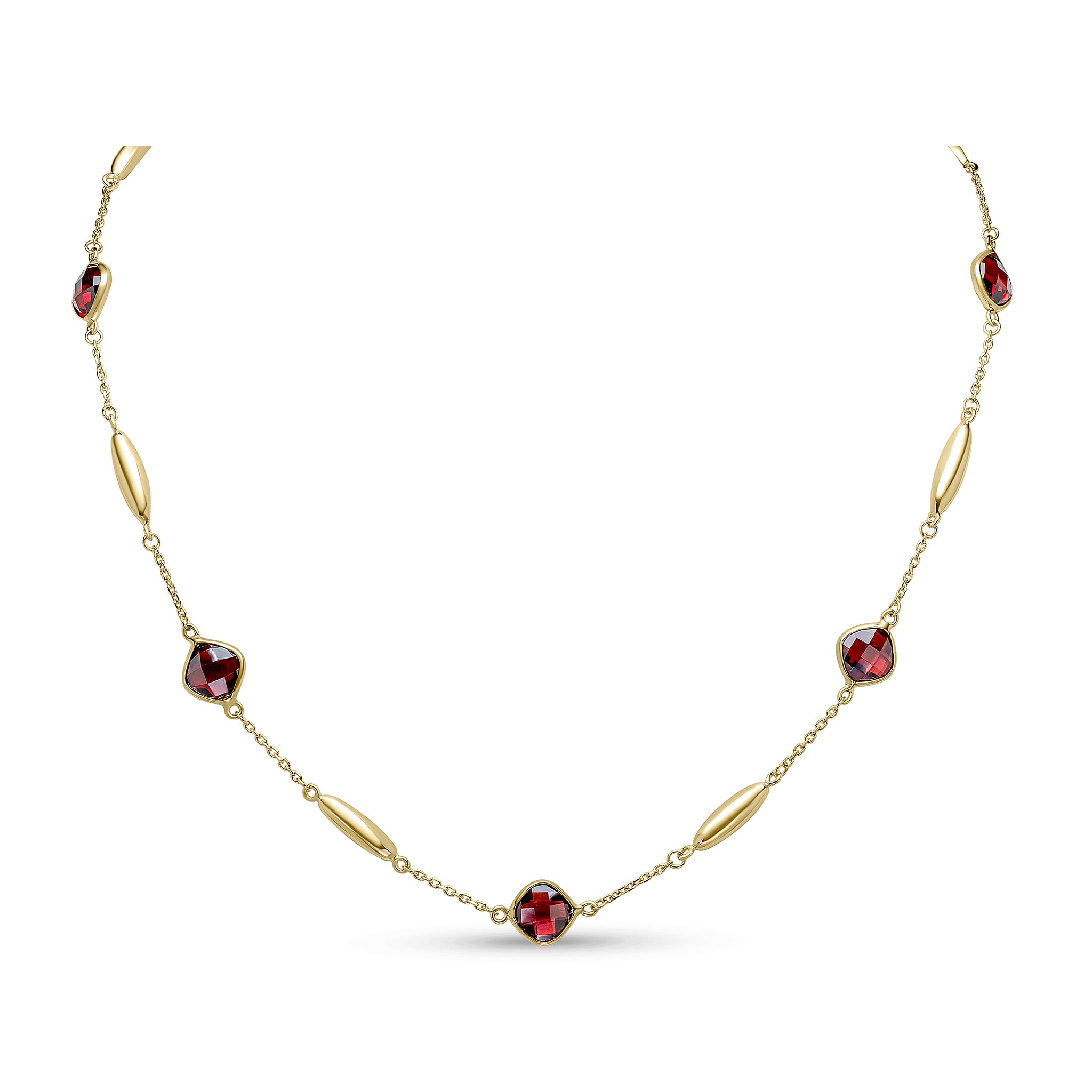 9ct Yellow Gold Checkerboard Cushion Garnet Polished Torpedo Motif and Chain Necklace