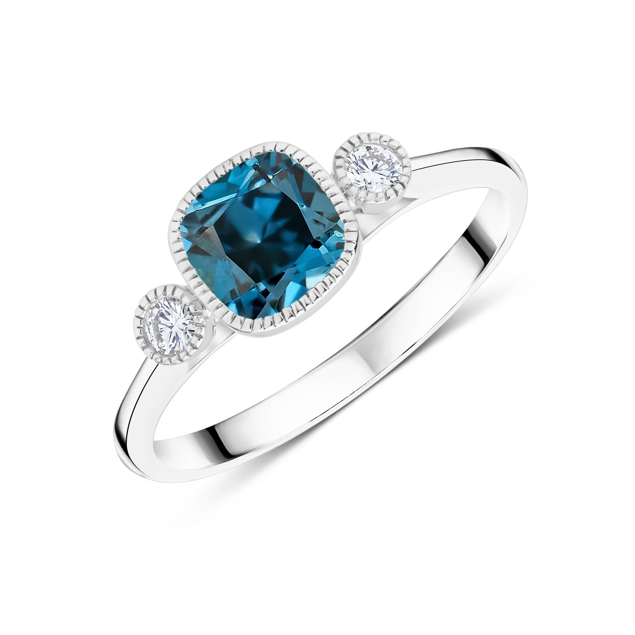 9ct White Gold 6mm Cushion London Blue Topaz & Round Diamond Milgrain Set 3 Stone Ring