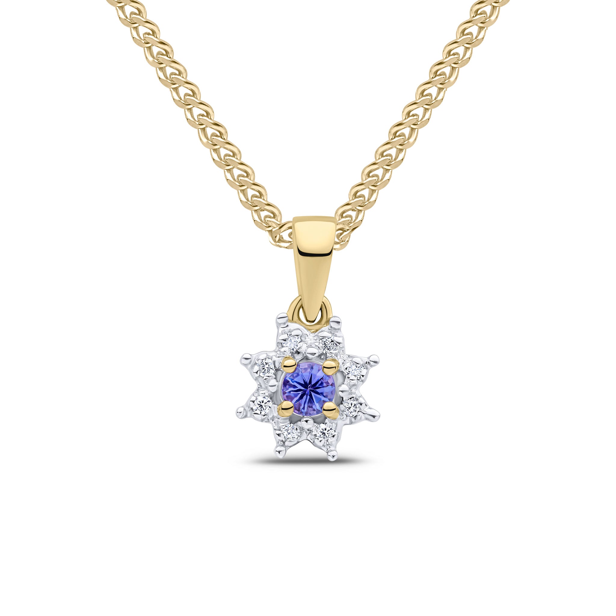 9ct yellow gold round tanzanite & diamond cluster pendant