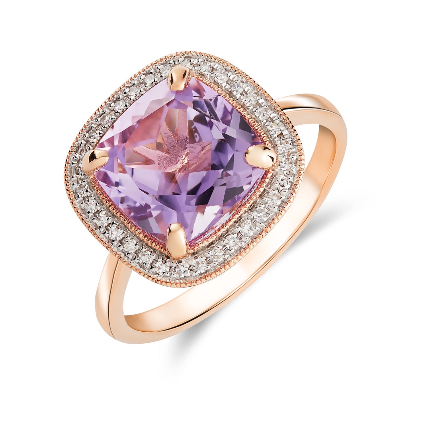 9ct Rose Gold 9mm Cushion Amethyst and Diamond Cluster Ring with Milgrain Edge Rhodium to Diamonds