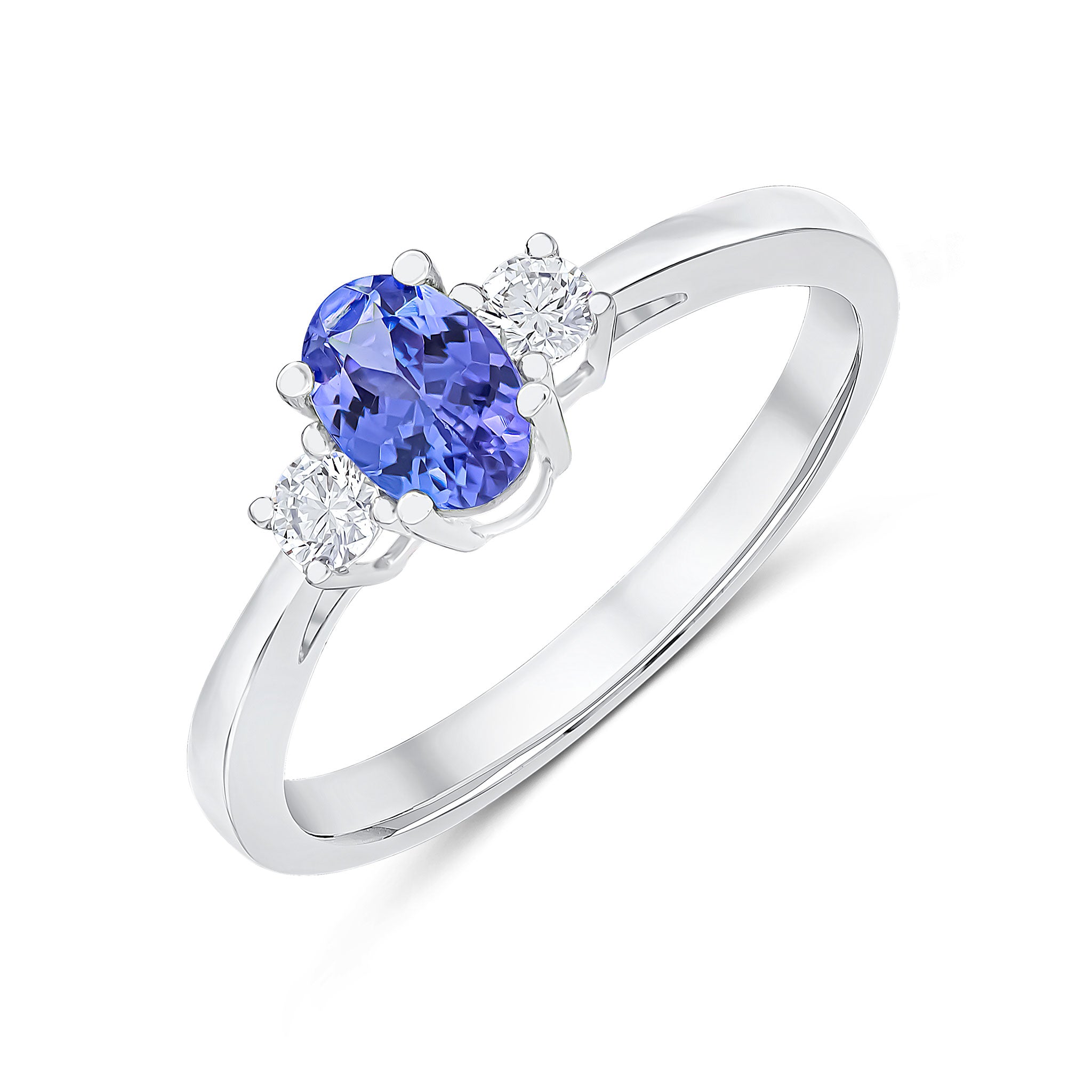 9CT WG 6X4 OVAL TANZANITE AND ROUND DIAMOND CLAW SET 3ST RING 1