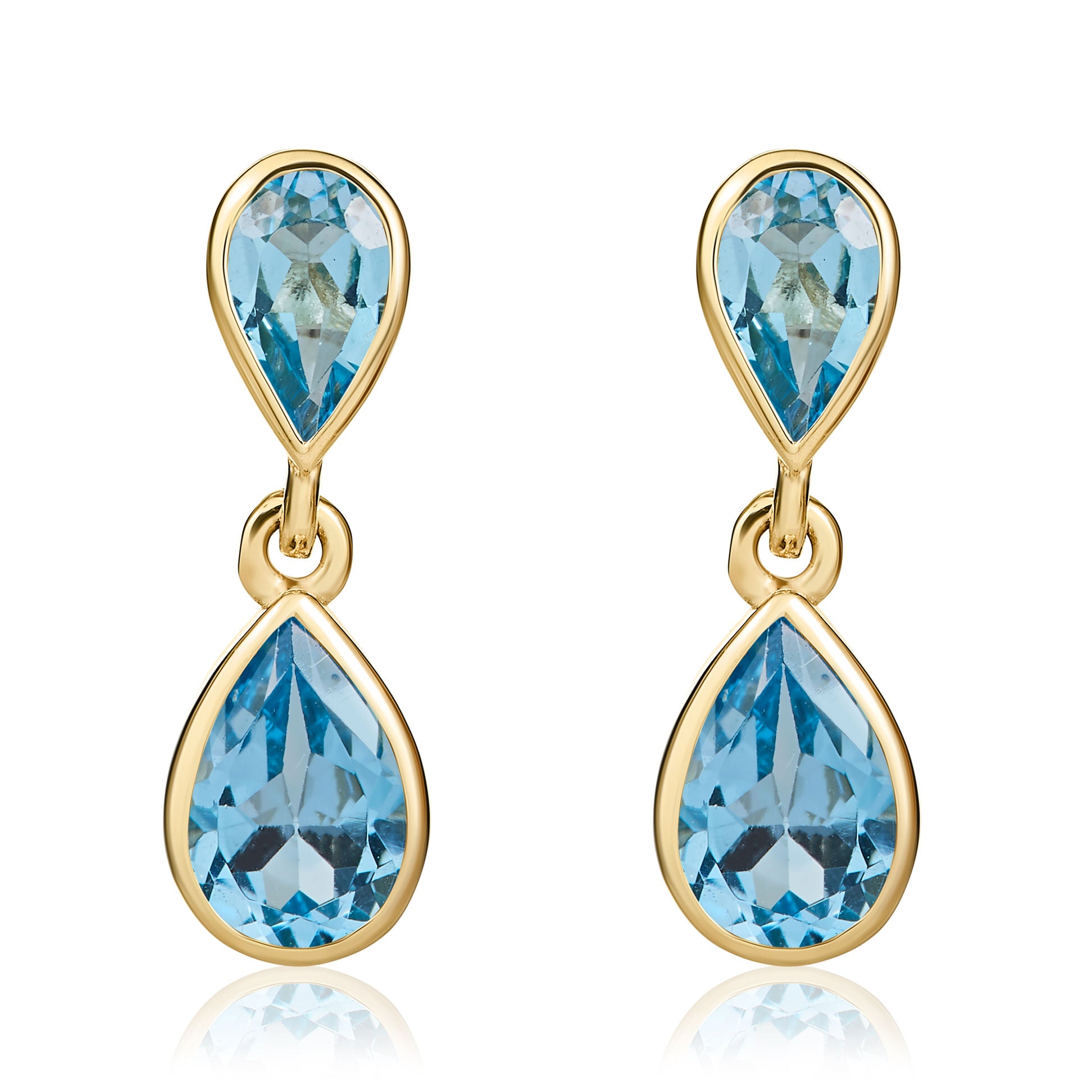 9ct Yellow Gold Swiss Blue Topaz Pear Double Drop Earrings