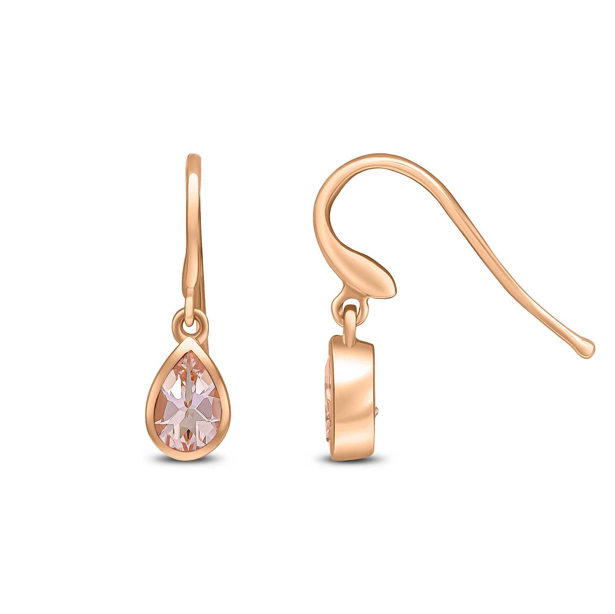 9ct Rose Gold 6x4 Pear Shape Morganite Rubover Drop Earrings with Wire Hook Fitting