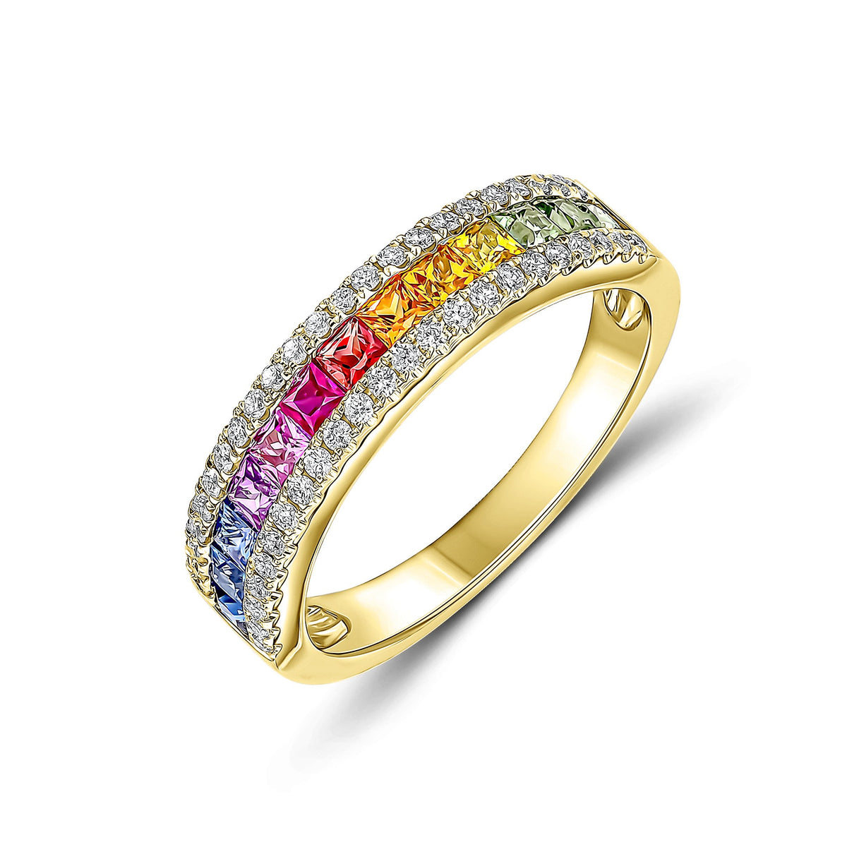 18ct Yellow Gold Square Multi-Sapphire & Diamond 3 Row Band Ring