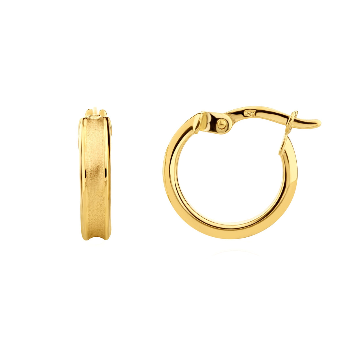 9ct Yellow Gold Concave Satin Polished Hoop Earrings