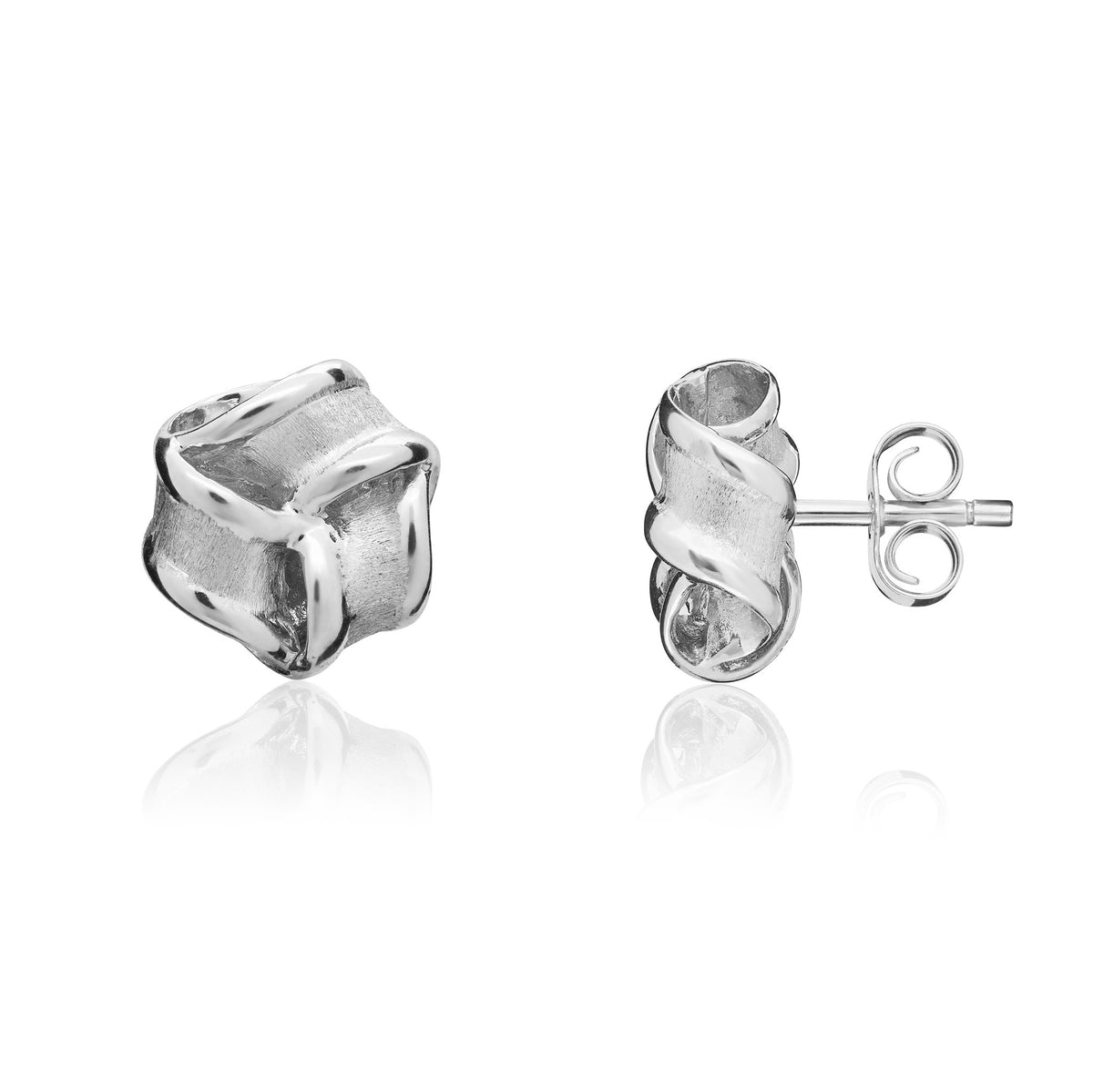 9ct White Gold Satin Polished Ribbon Knot Stud Earrings