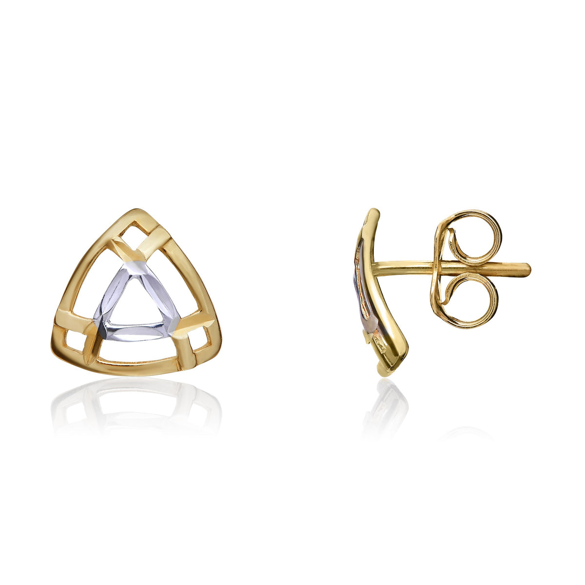 9ct Two Tone White Yellow Gold Lattice Triangle Stud Earrings