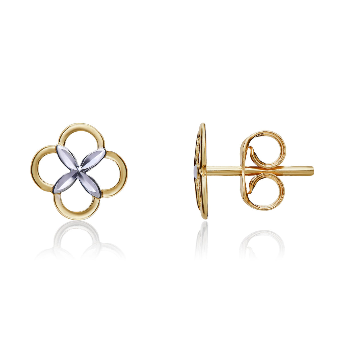 9ct Two Tone White Yellow Gold Four Leaf Clover Stud Earrings