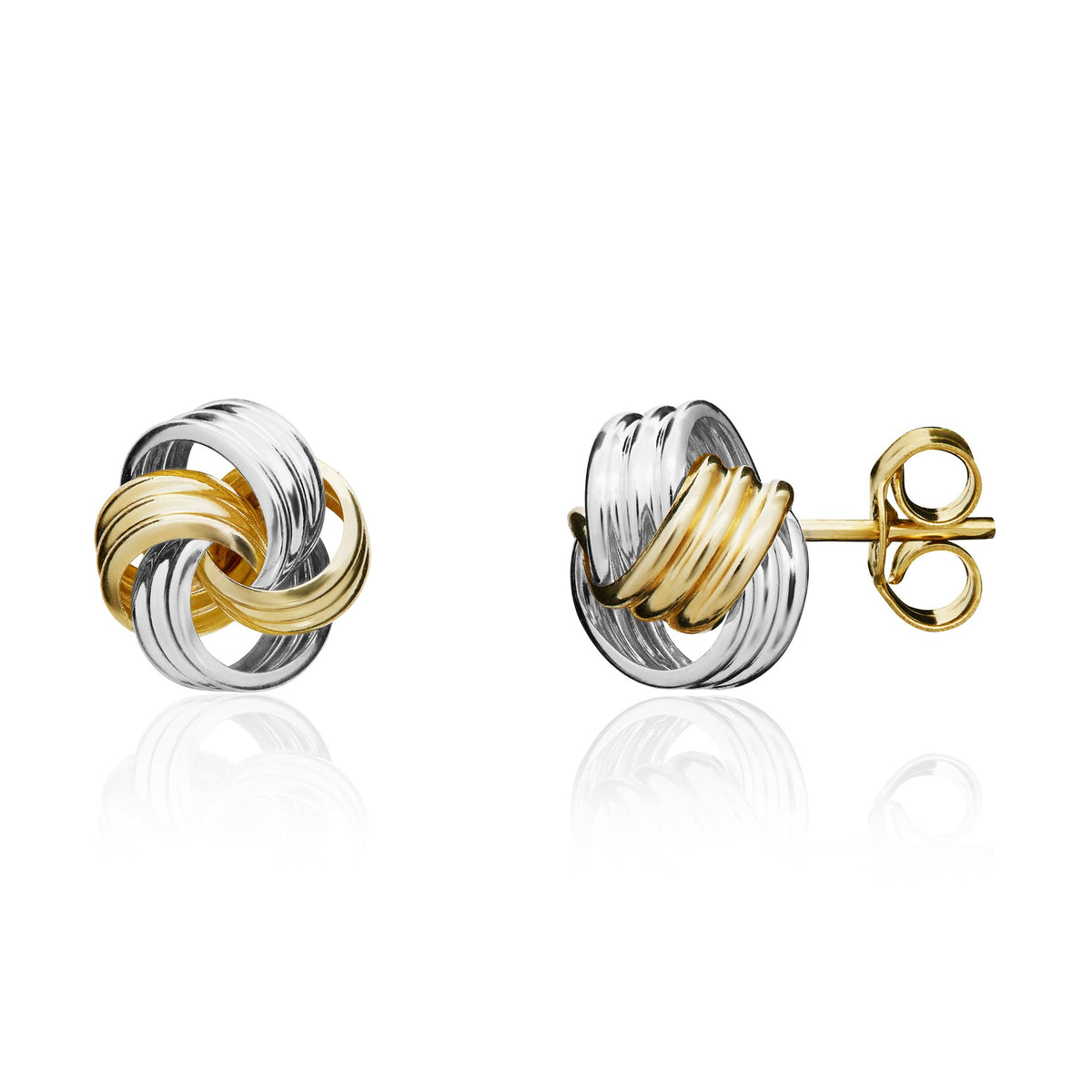 9ct Two Tone White Yellow Gold Triple Thread Loop Knot Stud Earrings