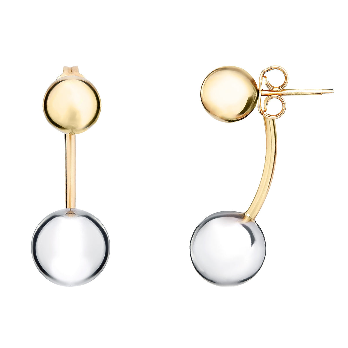 9ct Two Tone White Yellow Gold Double Ball Bar Drop Earrings