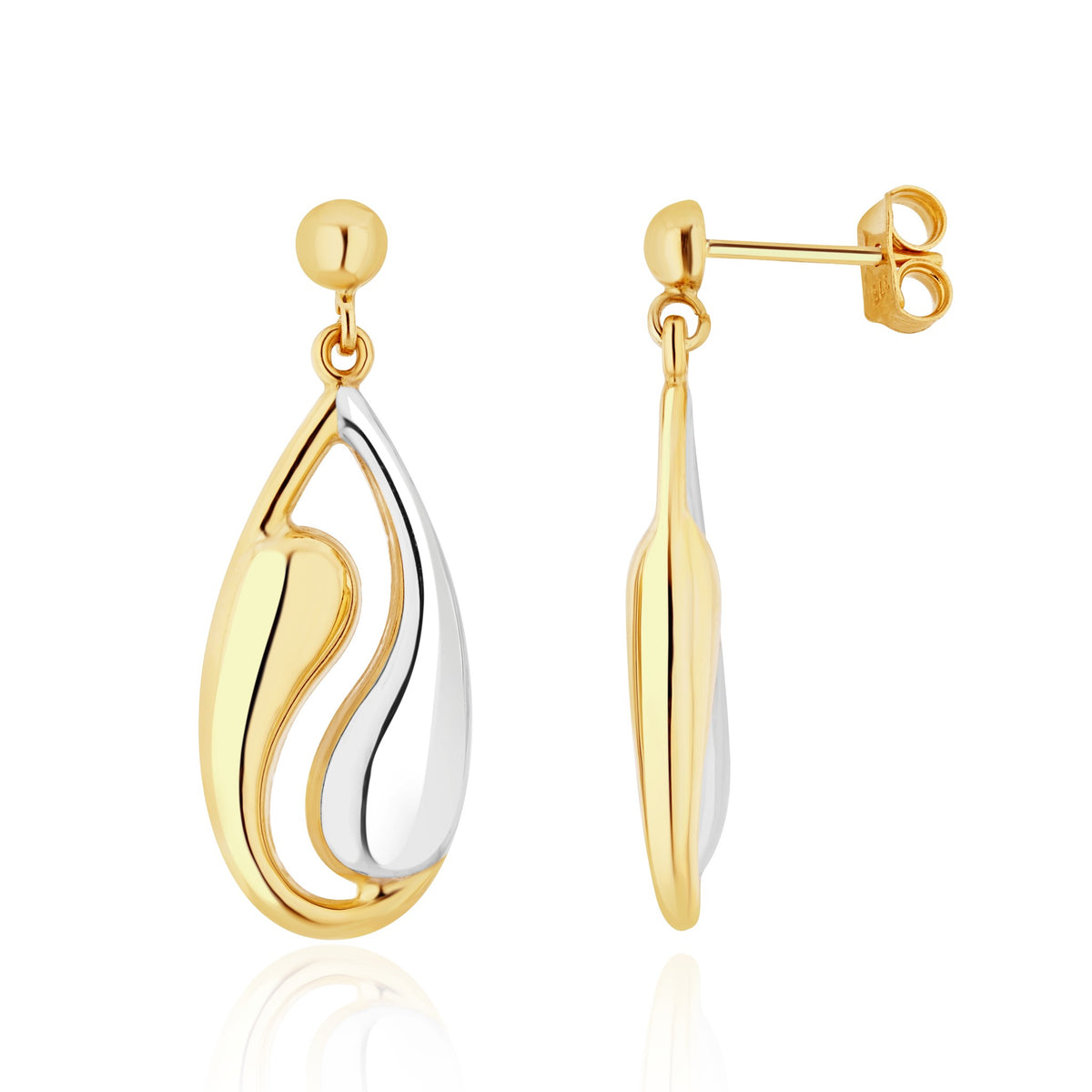 9ct Two Tone White Yellow Gold Yin Yang Pear Drop Earrings