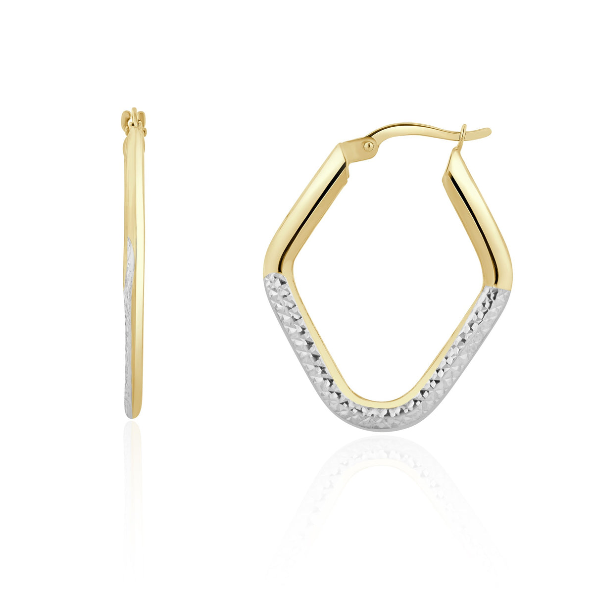 9ct Two Tone White Yellow Gold Lozenge Diamond Cut Hoop Earrings