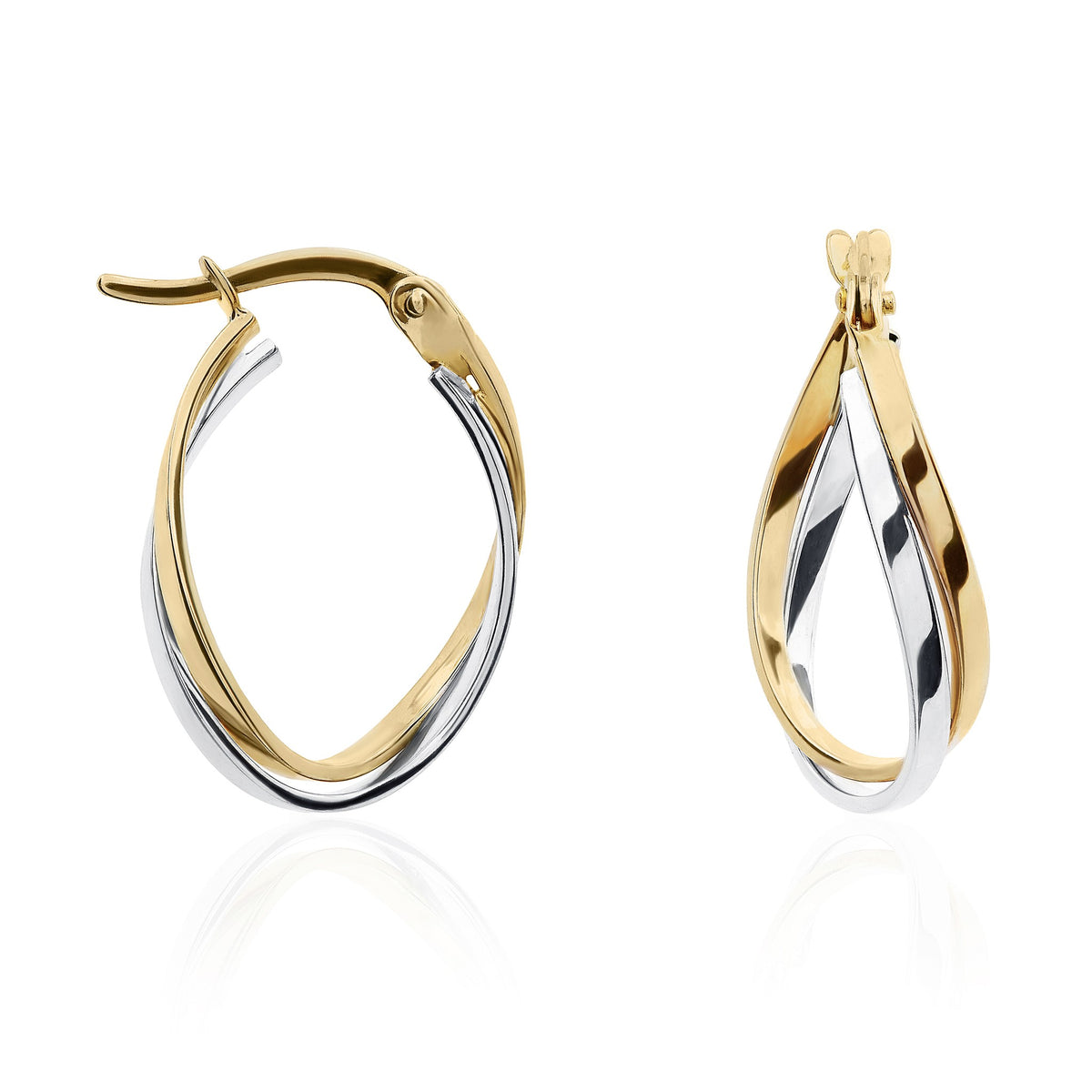 9ct Two Tone White Yellow Gold Two Row Oval Crossover Hoop Earrings