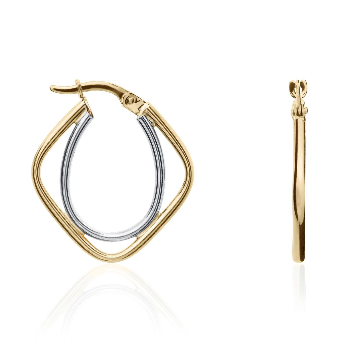 9ct Two Tone White Yellow Gold Open Square & Oval Hoop Earrings