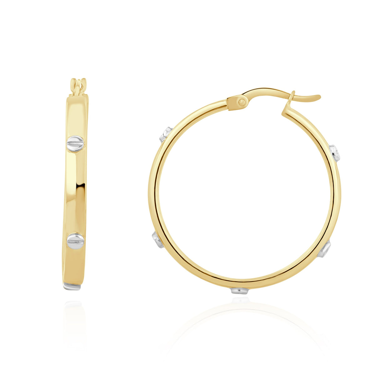 9ct Two Tone Yellow White Gold Screws Design Hoop Earrings 28mm