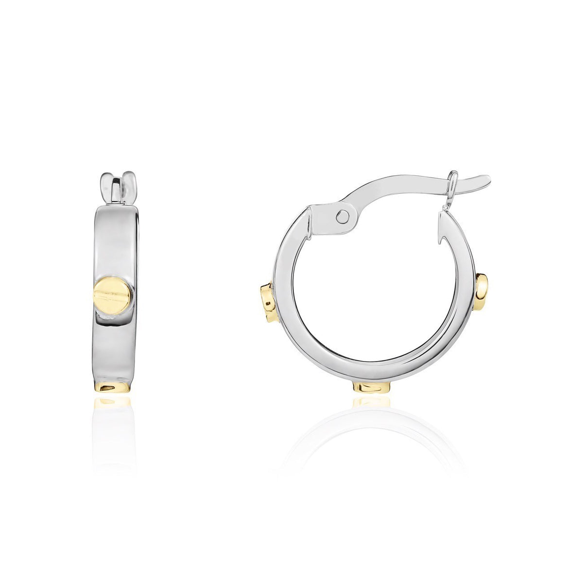 9ct Two Tone White Yellow Gold Screws Design Hoop Earrings 14.5mm - view 2
