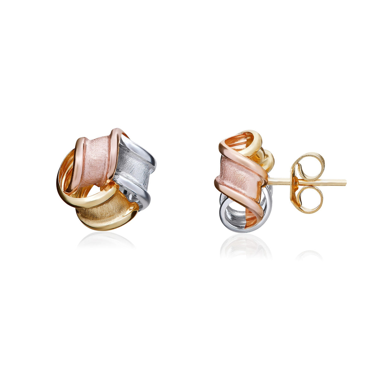 Three Tone 9ct Gold Frosted Ribbon Knot Stud Earrings