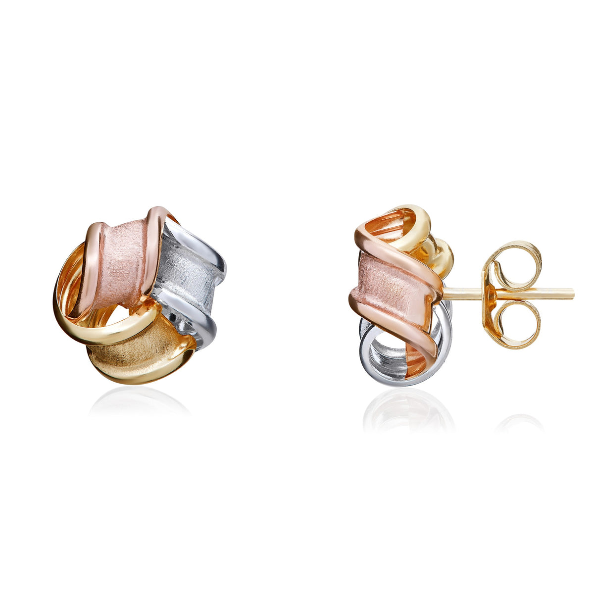 Three Tone 9ct Gold Frosted Ribbon Knot Stud Earrings