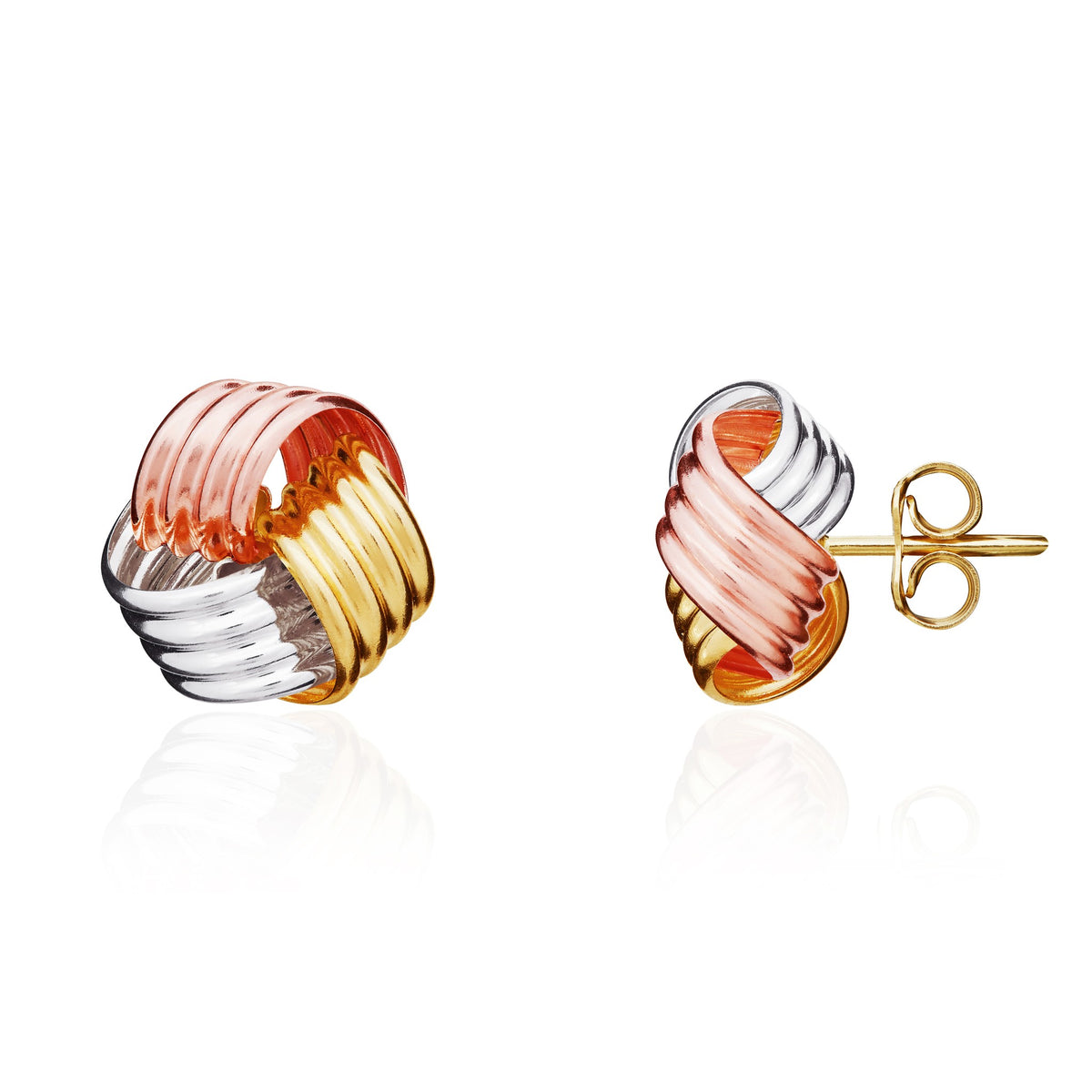 Three Tone 9ct Gold Ribbed Knot Stud Earrings