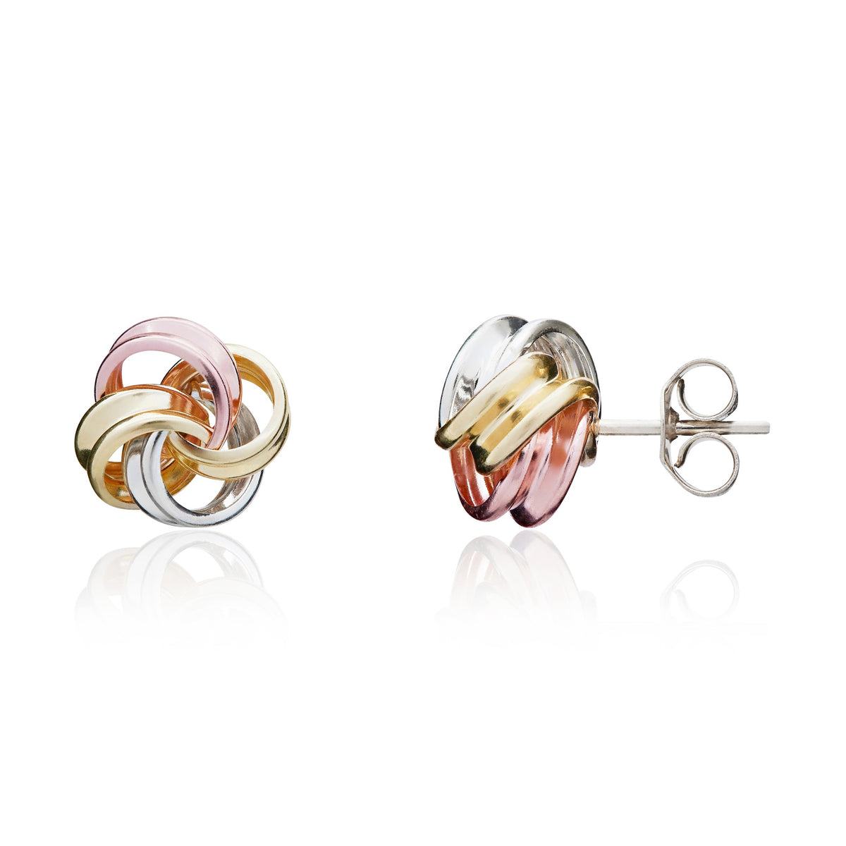 Three Tone 9ct Gold Double Thread Ribbon Loop Knot Stud Earrings