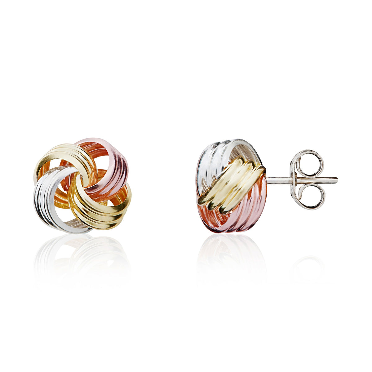 Three Tone 9ct Gold Triple Thread Ribbed Loop Knot Stud Earrings