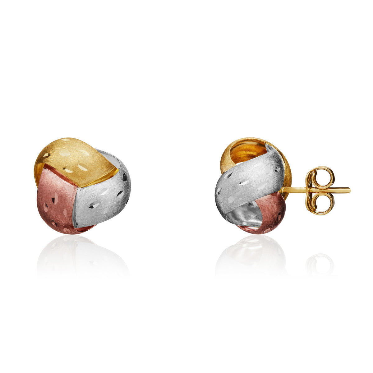 Three Tone 9ct Gold Satin & Diamond Cut Knot Stud Earrings