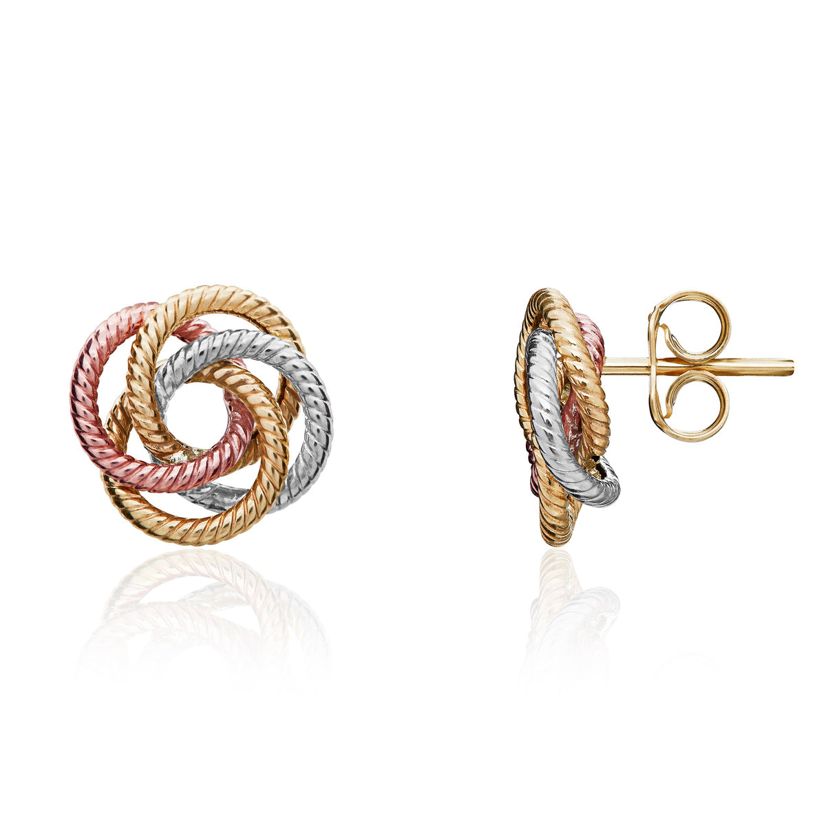 Three Tone 9ct Gold Ribbed Wire Knot Stud Earrings