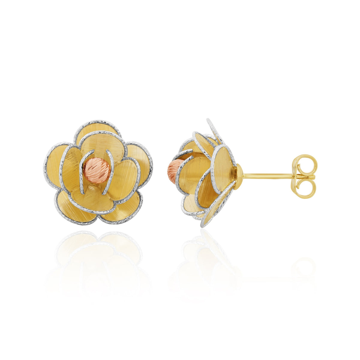 Three Tone 9ct Yellow White Rose Gold Text Rose Design Stud Earrings - view 1