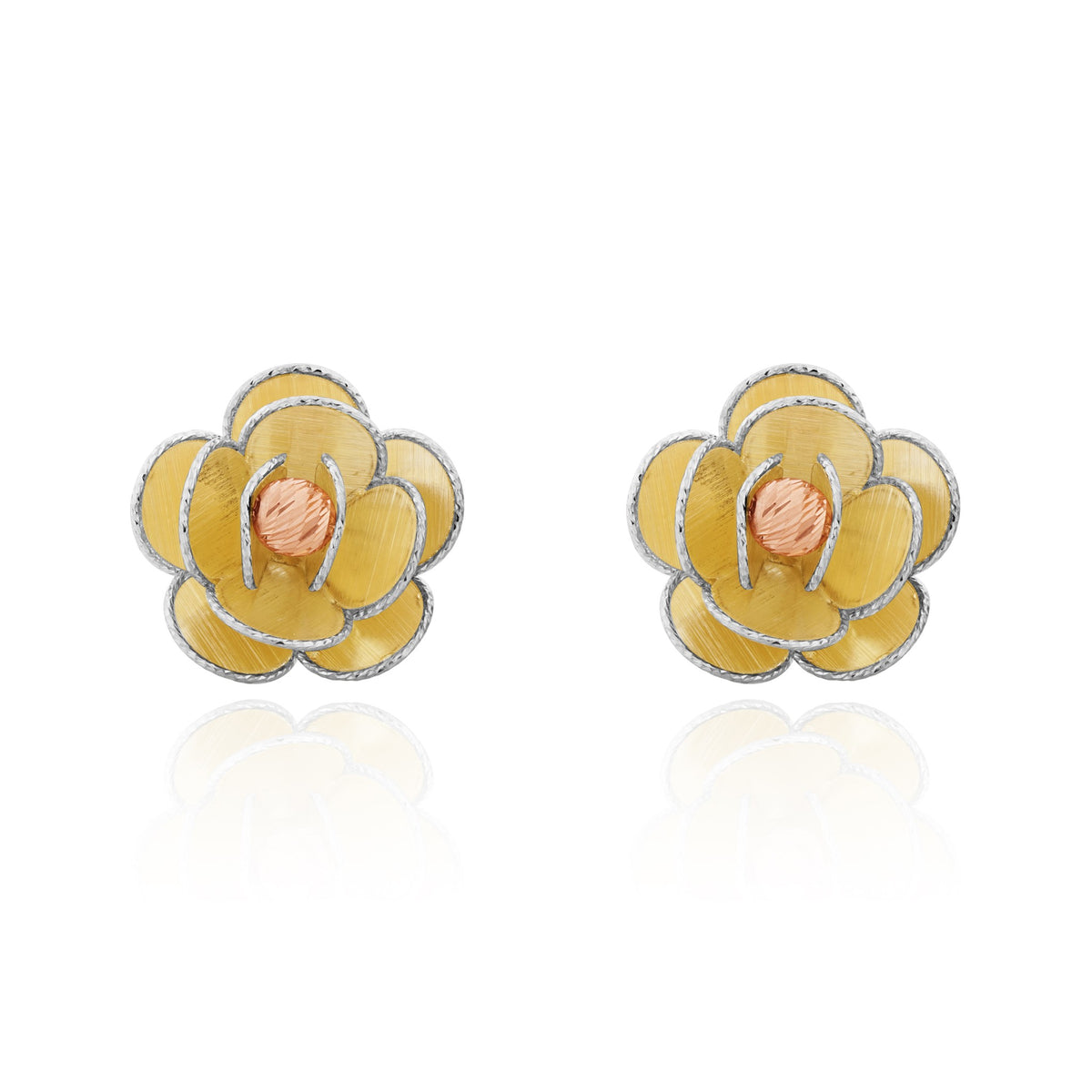 Three Tone 9ct Yellow White Rose Gold Text Rose Design Stud Earrings - view 2