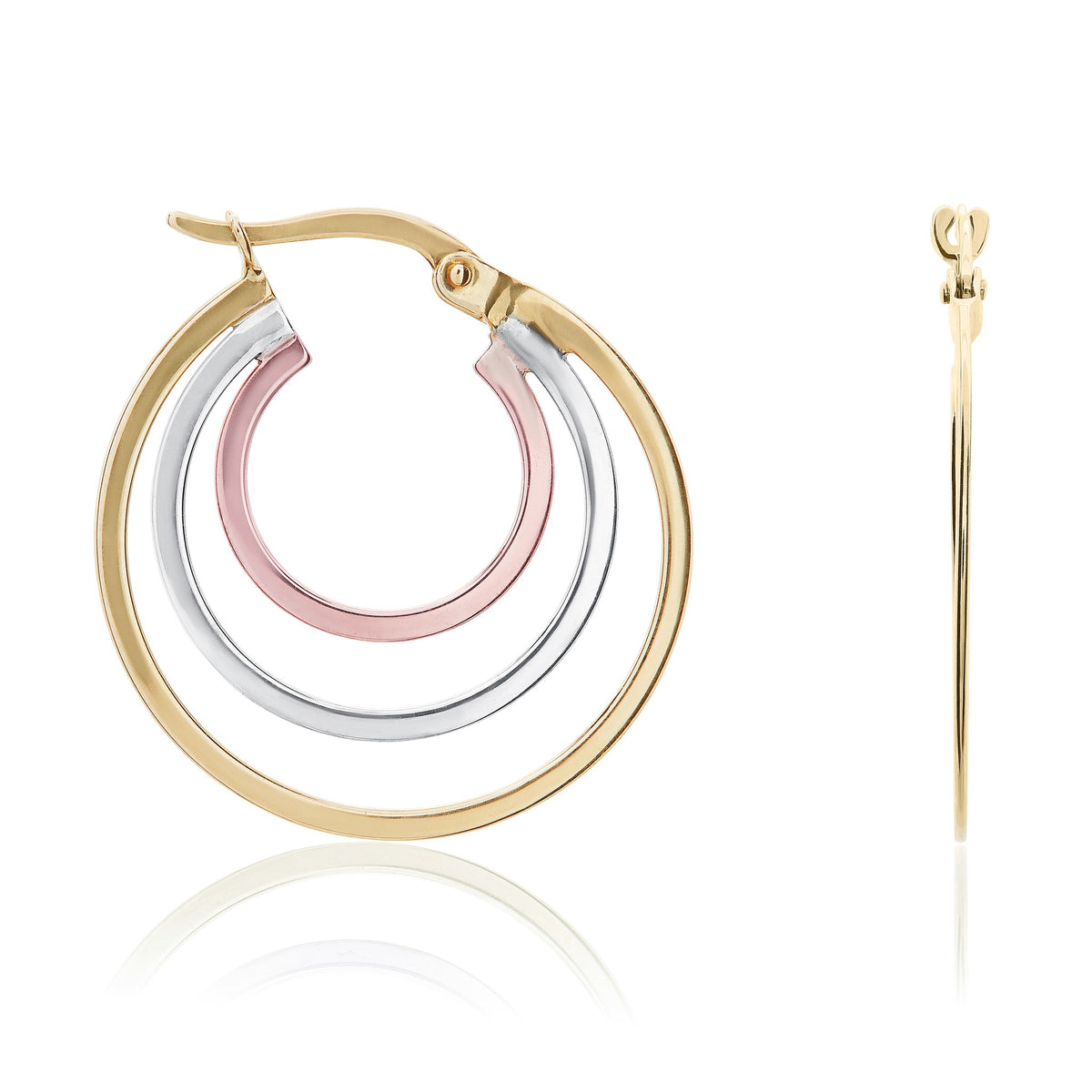 Three Tone 9ct Gold Triple Hoop Earrings