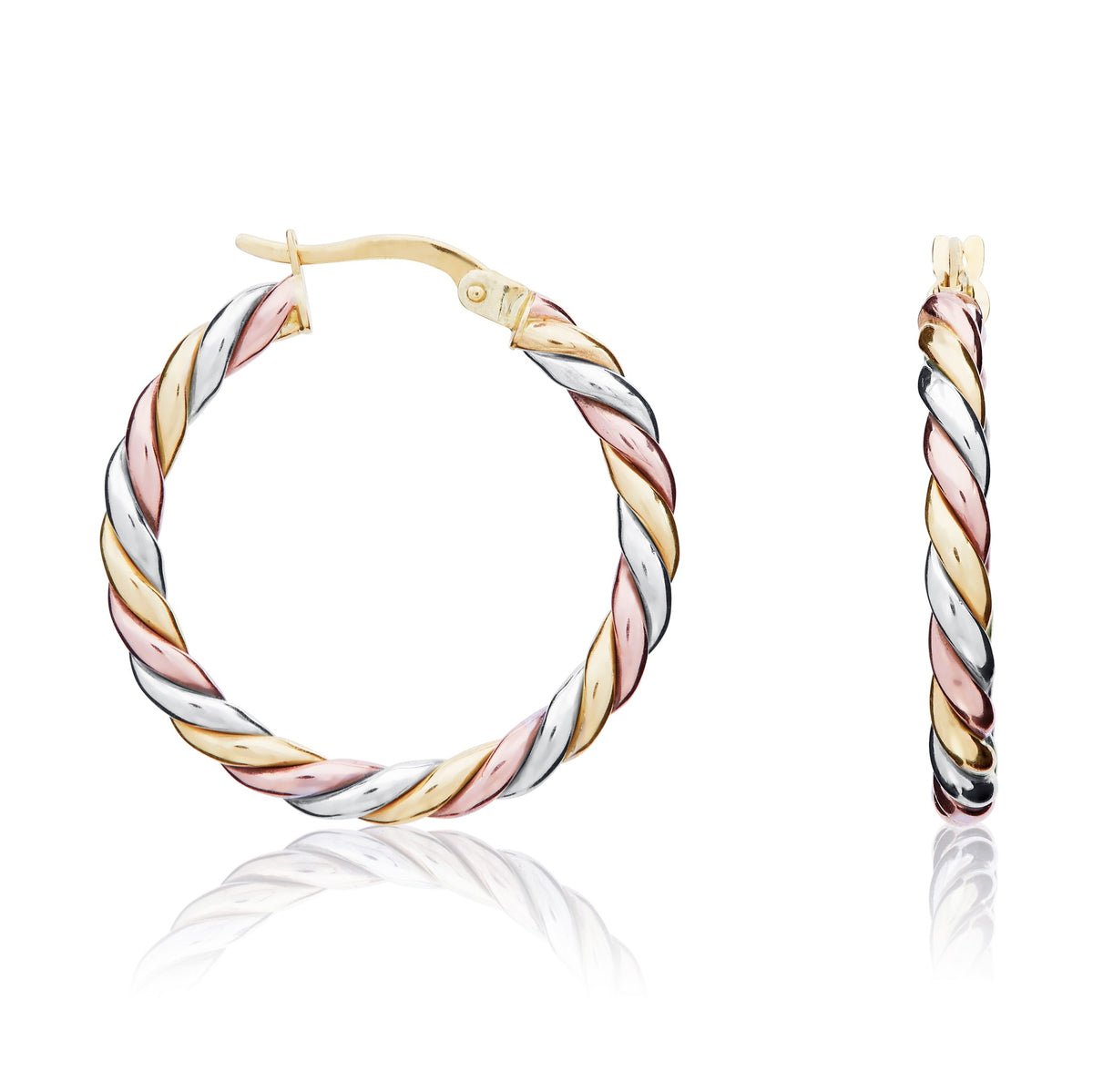 Three Tone 9ct Gold Twist Hoop Earrings