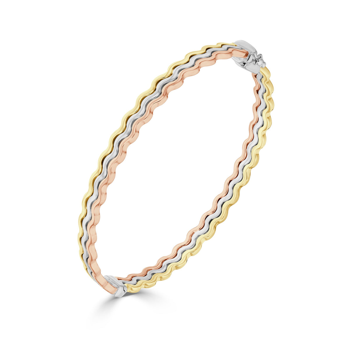 9ct 3 Colour Gold 3 Row Wavy Hinged Hollow Bangle