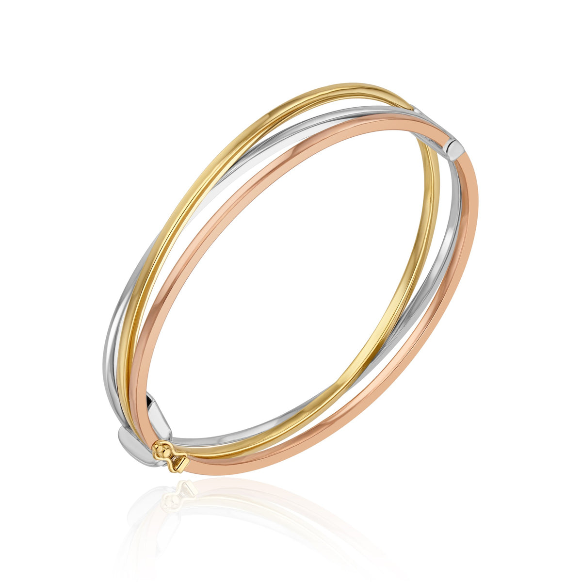 Three Tone 9ct Yellow White Rose Gold 3 Row Crossover Bangle (Hinged)