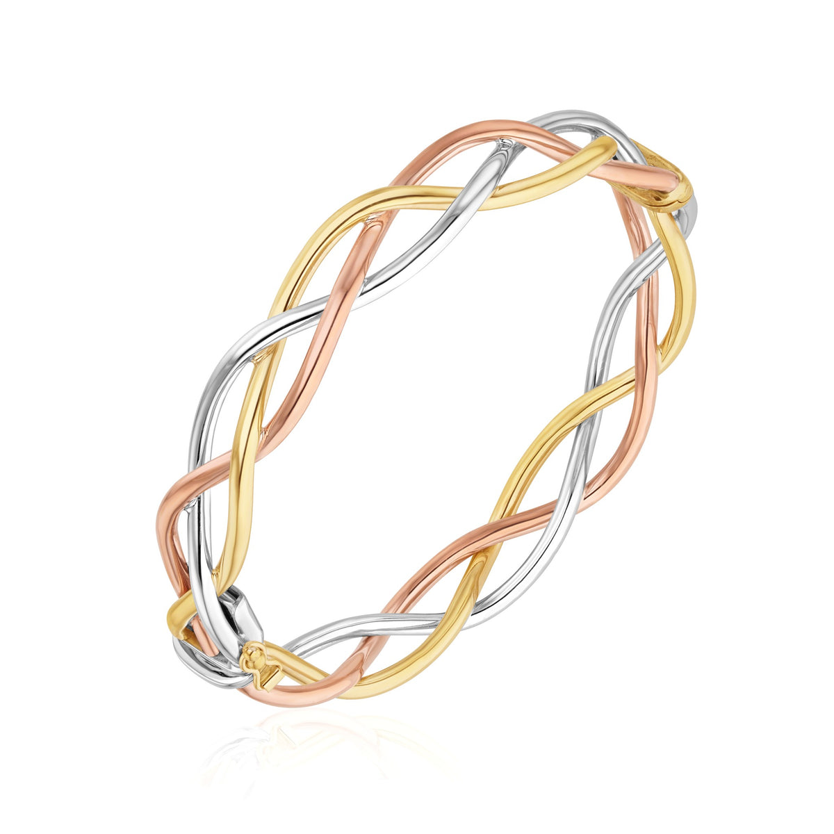 Three Tone 9ct Yellow White Rose Gold Plait Design Bangle (Hinged)