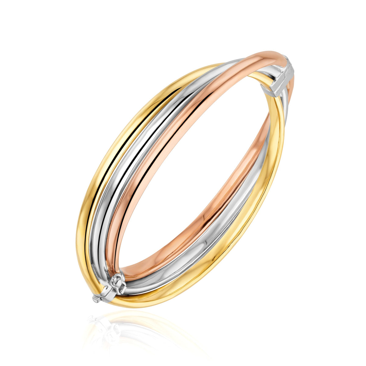 Three Tone 9ct Yellow White Rose Gold Russian Wedding Style Hinged Bangle