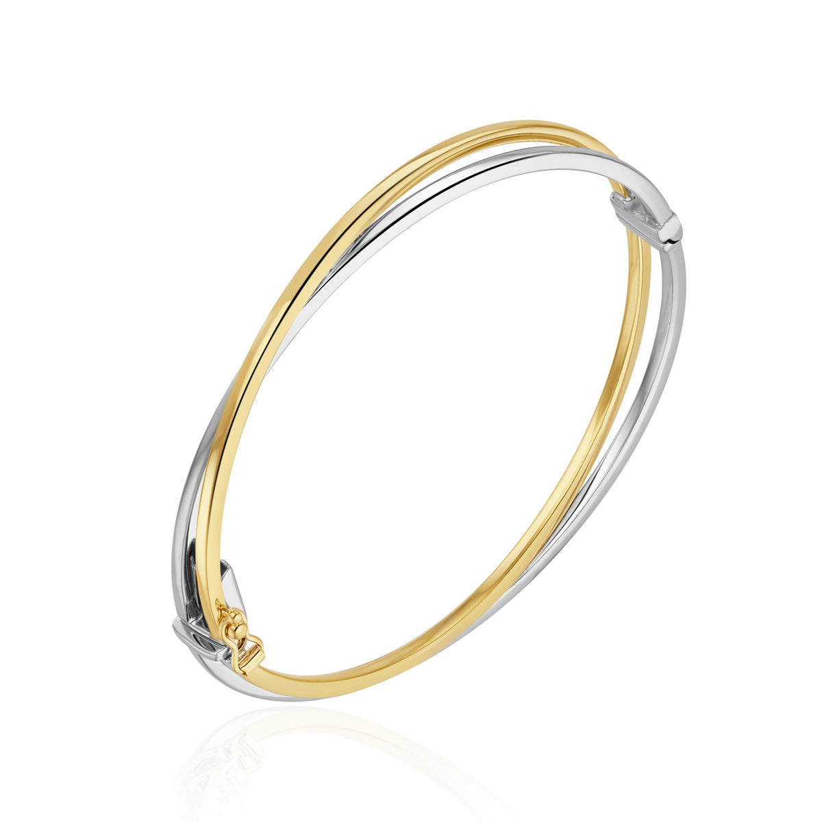 9ct Two Tone White Yellow Gold Two Row Crossover Hinged Bangle