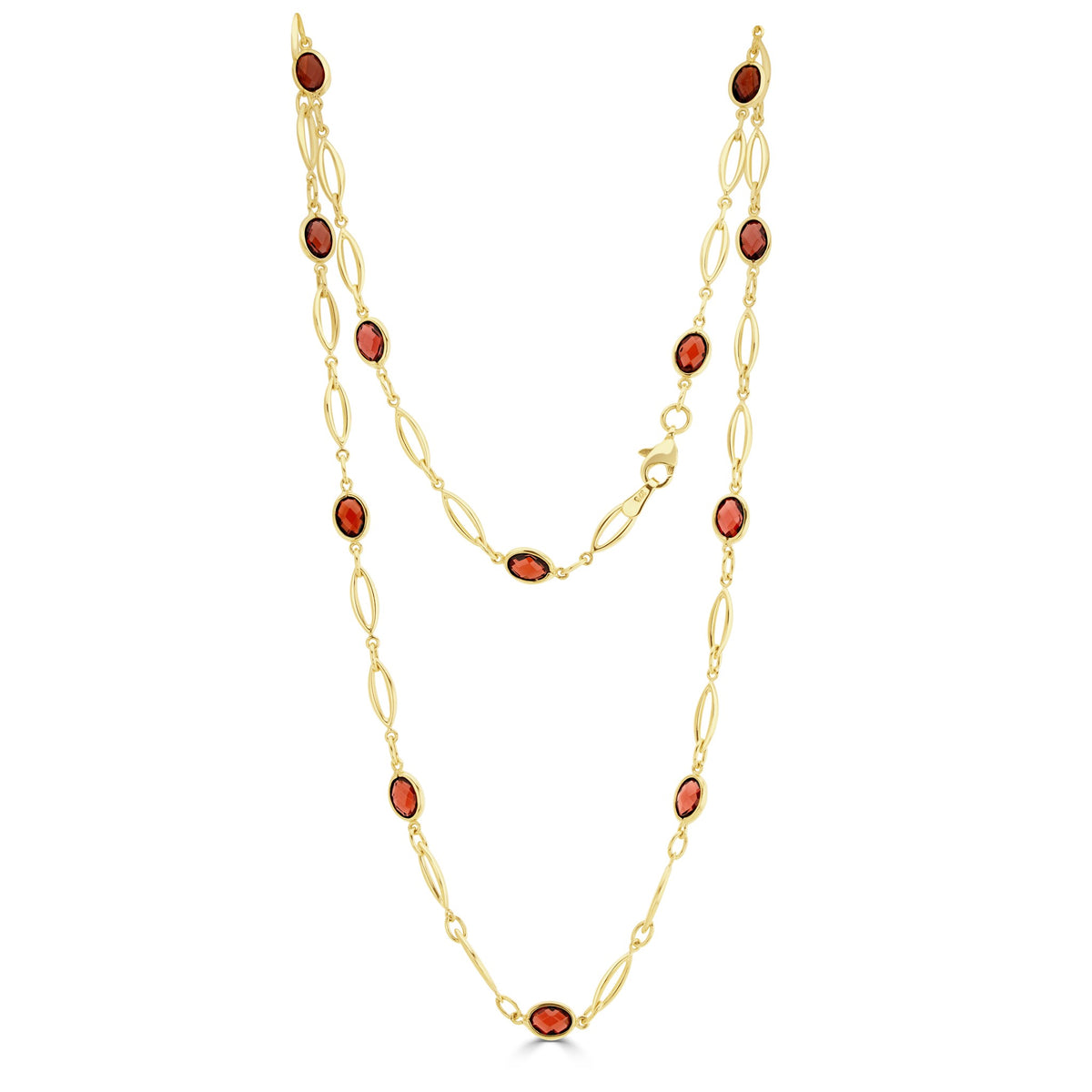 9ct Yellow Gold Spec Set Oval Garnet & Gold Open Marquise Motifs Necklace