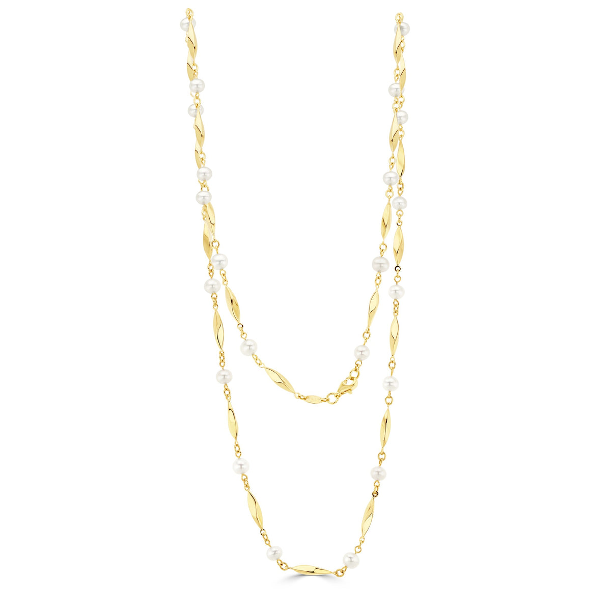 9ct Yellow Gold Freshwater Pearl & Twist Bar Necklace 24"