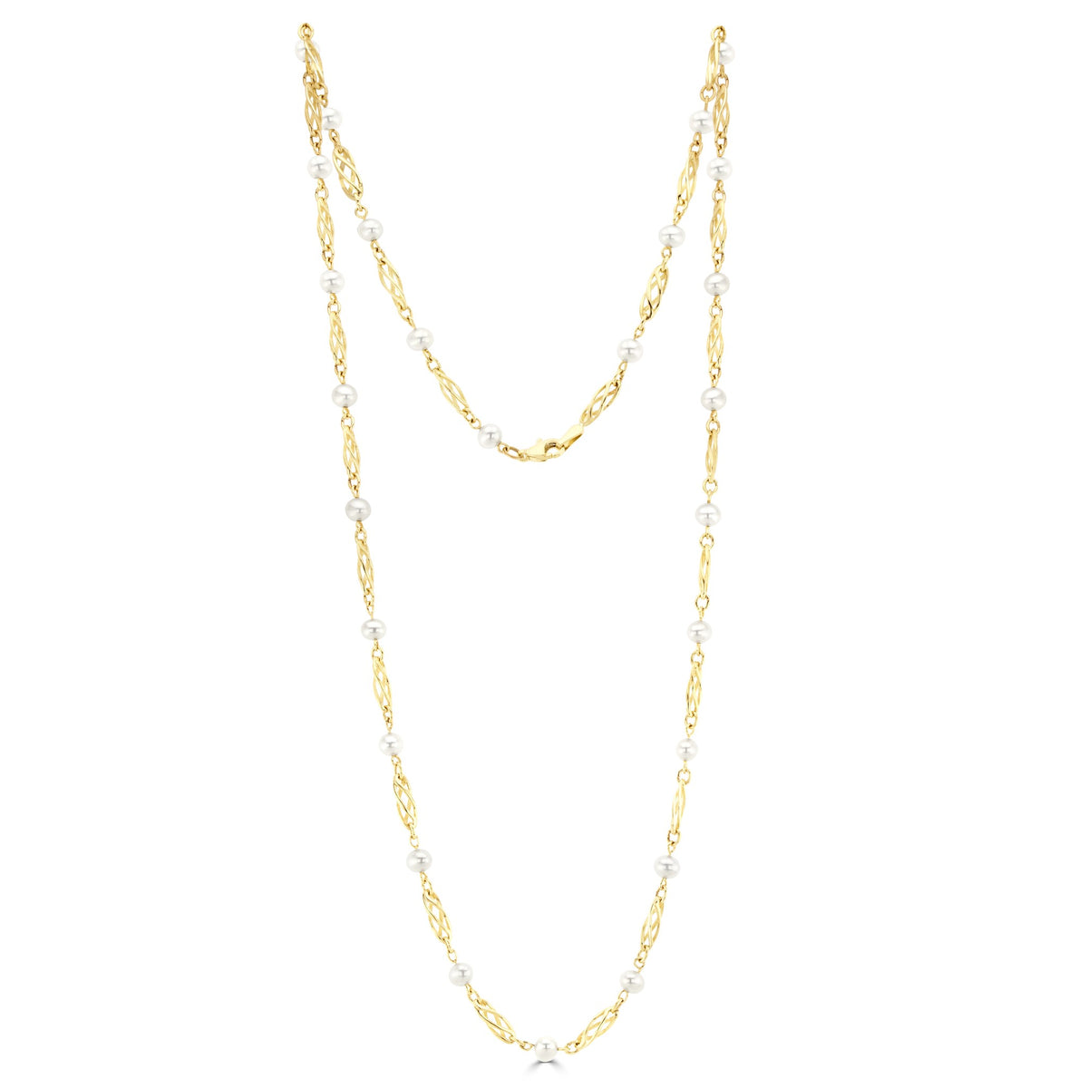 9ct Yellow Gold Freshwater Pearl & Twist Bar Necklace 24"