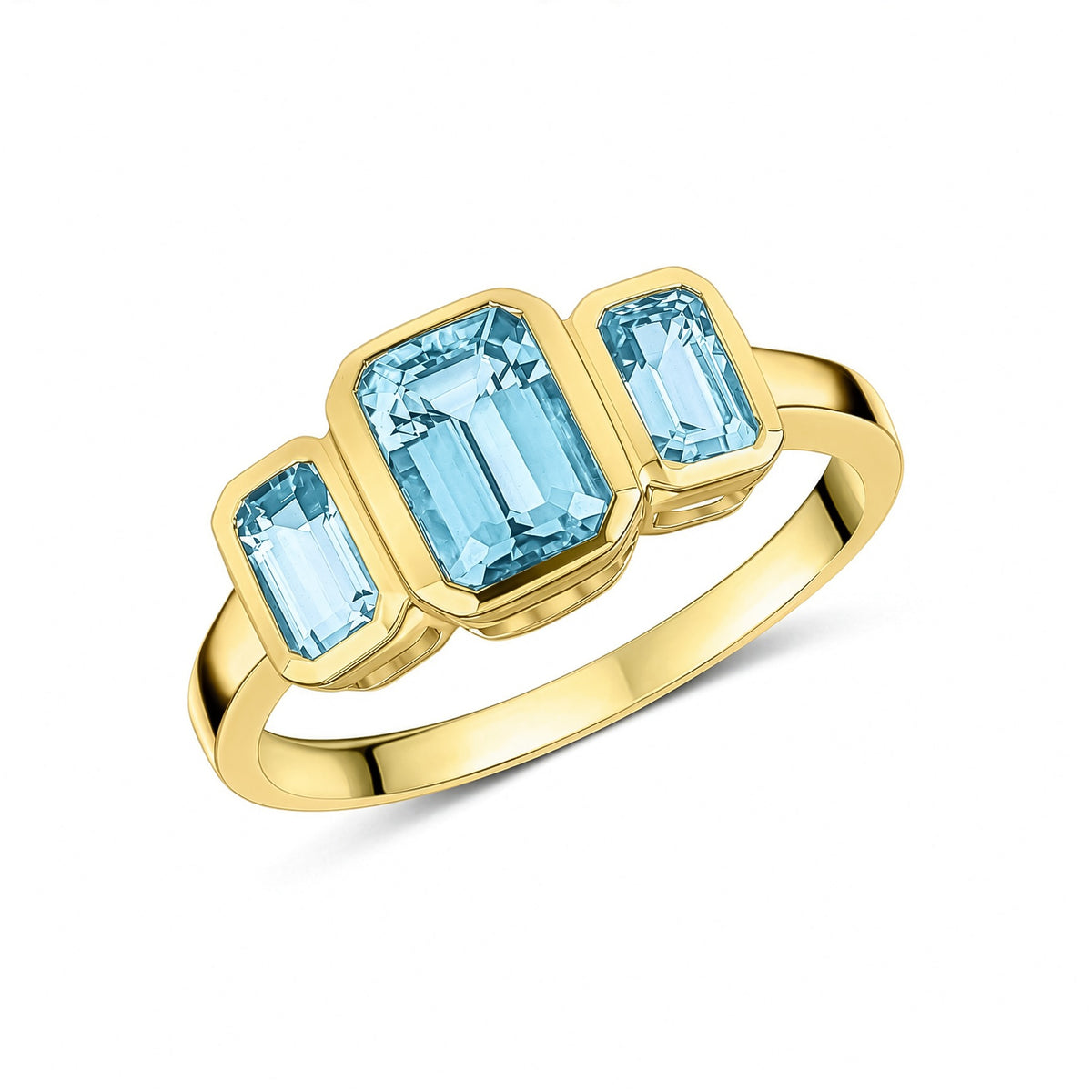 9ct Yellow Gold Octagon Aquamarine Rubover Set 3 Stone Ring - view 1