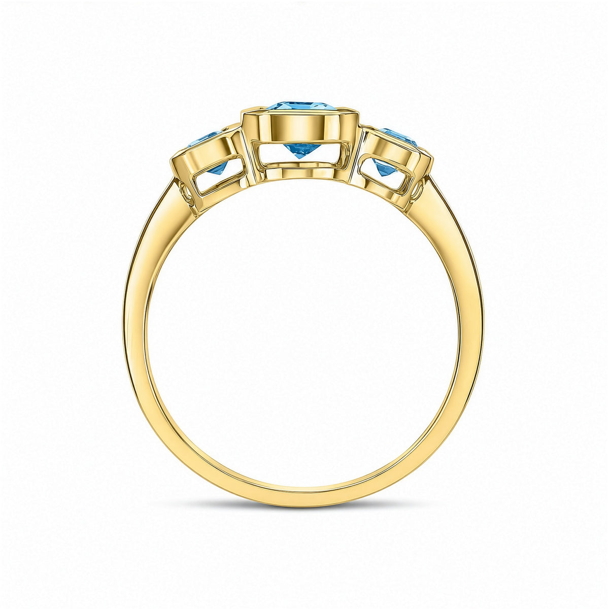 9ct Yellow Gold Octagon Aquamarine Rubover Set 3 Stone Ring - view 2