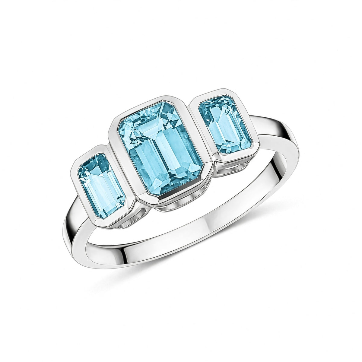 9ct White Gold Octagon Aquamarine Rubover Set 3 Stone Ring - view 1