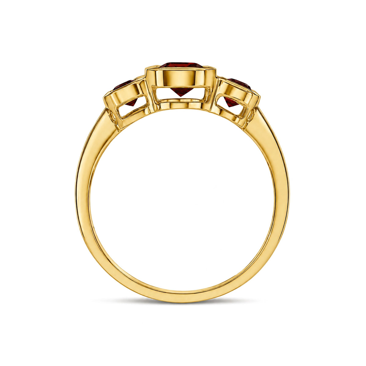 9ct Yellow Gold Octagon Garnet Rubover Set 3 Stone Ring - view 2
