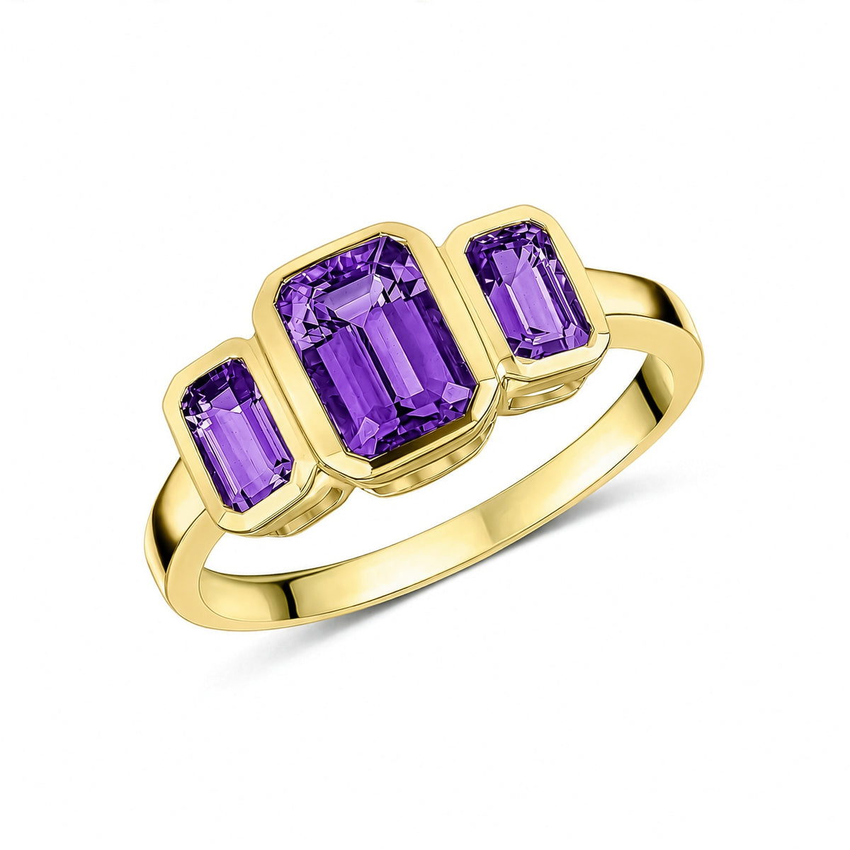 9ct Yellow Gold Octagon Amethyst Rubover Set 3 Stone Ring - view 1
